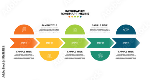 Step infographic business roadmap presentation template 5 options, for web, banner, annual, marketing, process. Vector editable