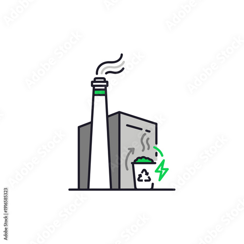 Trash to energy plant icon, waste management incineration, flat vector illustration of sustainable fuel