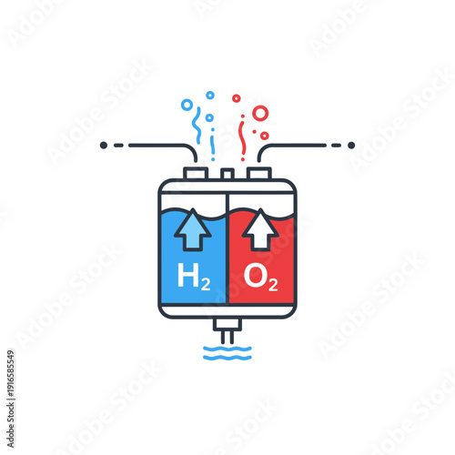 Water electrolysis plant icon, H2 and O2 separation, flat vector illustration of hydrogen production