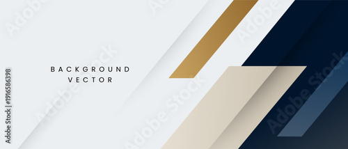 Modern abstract background with overlapping diagonal layers in navy blue gold and cream colors providing a clean corporate or business aesthetic
