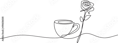 Continuous line drawing of a cup beside a rose, representing calmness and love. Perfect for National Red Rose Day and nature concept. one line Icon drawing