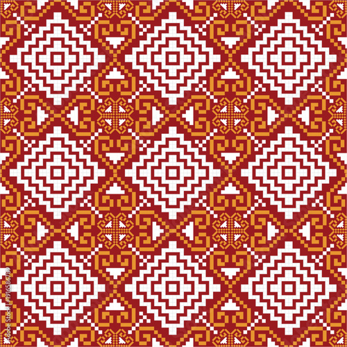 Striking geometric pattern inspired by traditional tribal artistry blended seamlessly with classic Thai textile motifs. The intense red background is enriched with refined white and vibrant orange 
