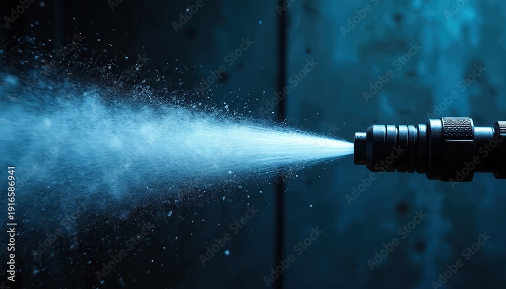 Fototapeta premium High pressure washer nozzle sprays fine water mist in dynamic cleaning action. Device creates powerful jet for precise industrial fluid application on dark background. Water stream motion.