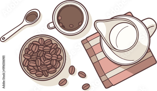 Cozy Coffee Break Flat Lay: Top View of Ceramic Cup, Creamer, Roasted Beans, Spoon, and Napkin on a Classic Checkered Cloth Isolated white background
