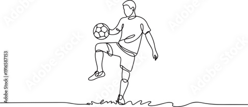 Single continuous line drawing of young sportive man train soccer freestyle, juggling with soles of the feet on the field. Football freestyler concept. one line Icon drawing