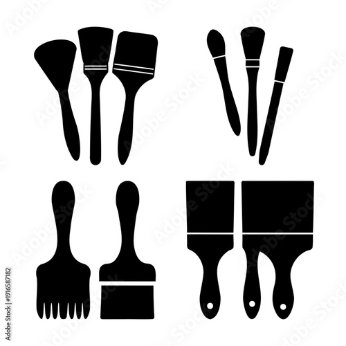 Diverse collection of art, craft, and cosmetic brushes in black silhouette
