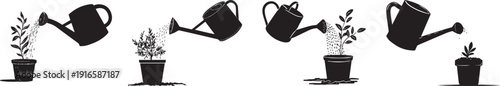 A series of black silhouettes showing plants being watered with care vector silhouette