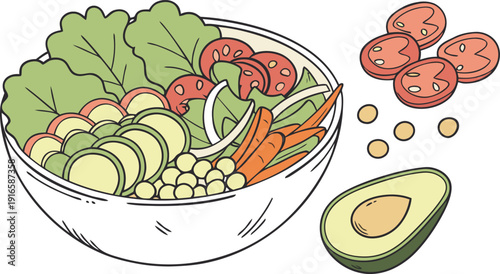 Vibrant Healthy Salad Illustration: Fresh Ingredients in a Bowl with Sliced Avocado and Ripe Tomatoes, Promoting Nutritious Eating Isolated white background
