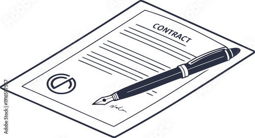 Official Legal Agreement: Illustration of a Contract Document with Signature and Classic Fountain Pen, Symbolizing Business Deal Finalization Isolated white background