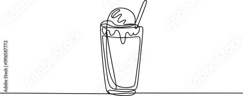 Minimalist single line drawing of a tall glass filled with soda float and creamy topping, designed to symbolize the beverage concept. one line Icon drawing