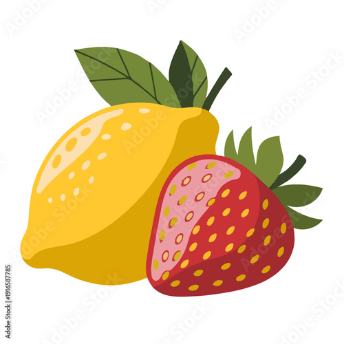 A vibrant illustration of fresh strawberries and lemons with green leaves isolated on white background, Vector, illustration