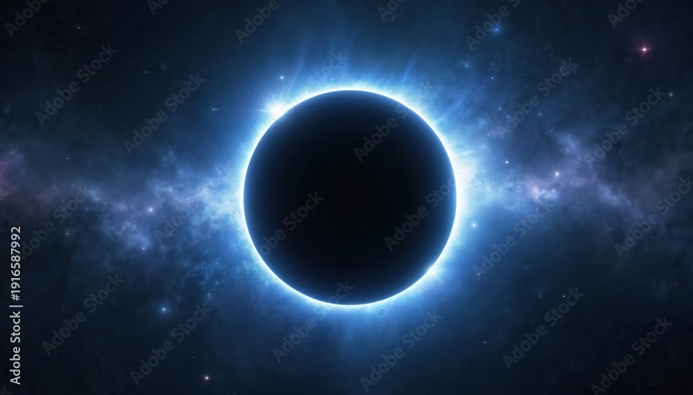 Fototapeta premium Dark planet obscures sun during solar eclipse. Bright blue corona emanates from object edge against starry nebula. Cosmic event unfolds in deep space.