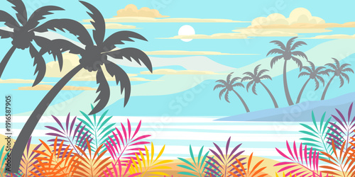 silhouette of coconut tree in flat style. illustration of palm tree in flat style. summer background. summer theme scenery	