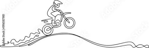 One continuous line drawing of young motocross rider climb mound of land at race track. Extreme sport concept. Dynamic single line draw design. one line Icon drawing