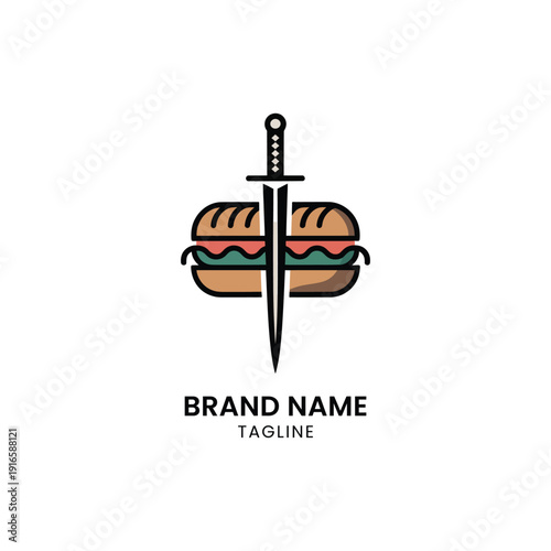 A creative logo featuring a burger with a sword piercing through it for a brand name
