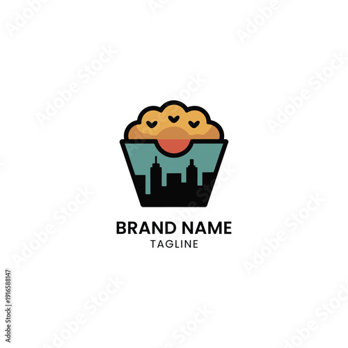 A cute cartoon muffin with a face and cityscape inside a paper wrapper