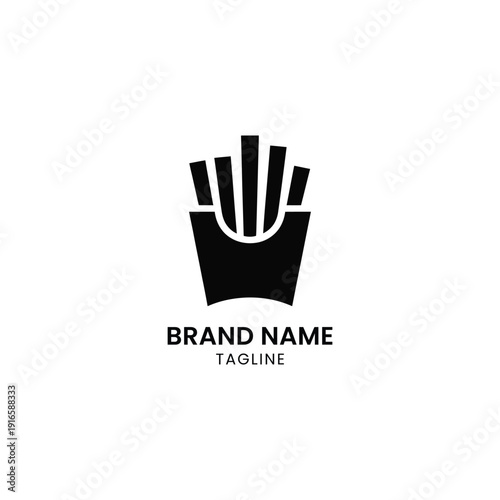 Black and white logo design of french fries with customizable brand name placeholder