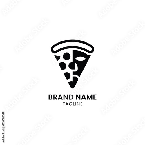 Black and white logo design featuring a stylized slice of pizza