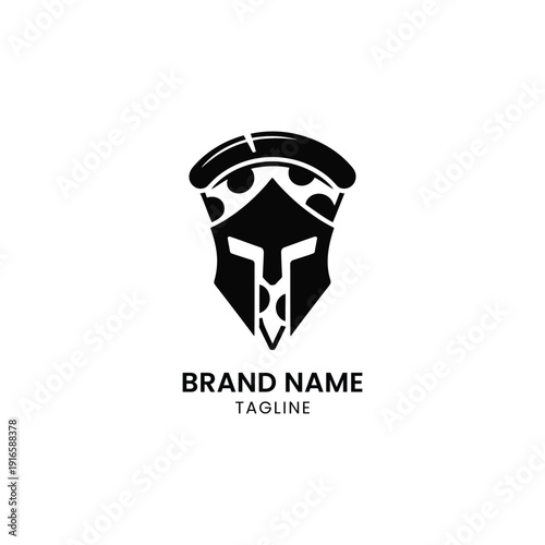 Black and white stylized helmet logo for a brand identity with tagline placeholder