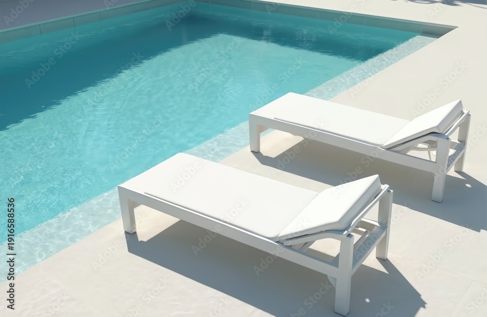 Obraz premium Two white sun loungers rest by clear blue pool water on a sunny day. Empty chairs invite relaxation and summer leisure by modern resort. Serene outdoor space awaits.