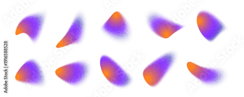 Abstract grainy gradient shapes set, purple and orange stipple texture blobs, retro futuristic organic elements isolated on white.