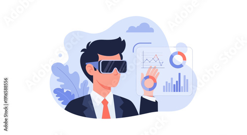 Man Wearing Virtual Reality Headset Analyzing Data.