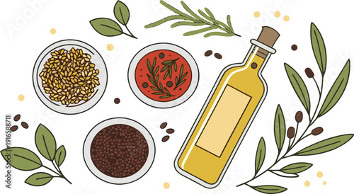 Hand-Drawn Illustration of Healthy Cooking Ingredients: Olive Oil, Mustard Seeds, Peppercorns, and Rosemary Sprigs for Gourmet Dishes. Isolated white background