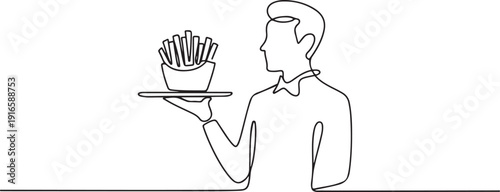 Single one line drawing the waiter holds a food tray serving french fries. A dish made from shredded potatoes. Snack. Complementary food to the main menu. one line Icon drawing