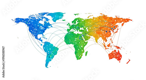 Colorful World Map with Global Connections and Data Points.