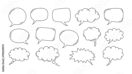 Diverse Speech Bubbles: A collection of various hand-drawn speech bubbles, perfect for conveying thoughts, conversations, and ideas. Ideal for creative projects, communication concepts.