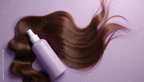 Shiny brown hair locks laid on pastel purple backdrop near spray bottle for styling and care. Product used for hair treatment nourishment and healthy look.