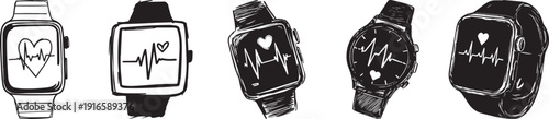 A set of smartwatches with heart rate monitors, showcasing a modern and sleek design vector silhouette