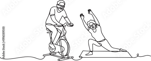 Single continuous line drawing a pair of grandparents are doing fitness on fitness mate. The excitement of sports together. National Senior Health and Fitness Day. one line Icon drawing