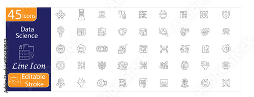 Data Science Icons Set, Machine Learning, Big Data, Analytics, Artificial Intelligence, Data Visualization, Algorithm Model, Editable Stroke Vector Illustration.
