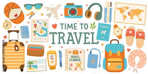 Time to Travel Flat Illustration Set