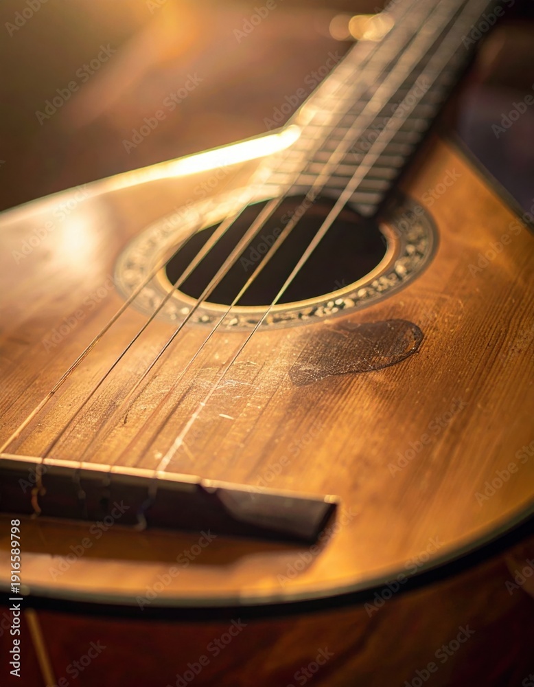 Fototapeta premium Close Up Of A Warmly Lit Wooden Acoustic Guitar With Intricate Detailing On The Soundhole And Visible Strings