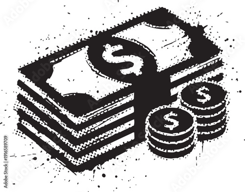 Grunge Style Black and White Illustration of Stacked Dollar Bills and Coins Representing Wealth, Financial Success and Currency brush texture. halftone