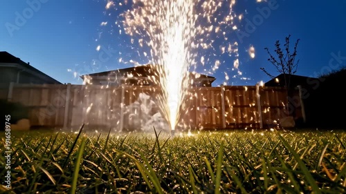 In a tranquil backyard at dusk, vibrant fireworks erupt from the grass, showering glittering sparks into the evening sky. The scene captures the magic of celebration and enjoyment.