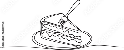 Single one line drawing a slice of cake of the devil on a small plate with a fork stuck into the cake. Very delicious cake. National Food of Devil Cake. one line Icon drawing