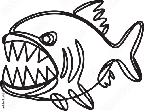 One single line drawing of angry piranha for logo identity. Amazon river fish mascot concept for monster creature icon. one line Icon drawing