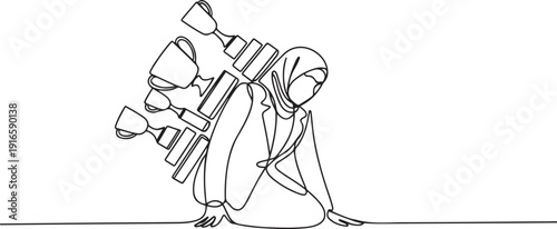 Continuous one line drawing Arabian businesswoman under heavy trophy burden. Office worker failed to win competition or business goals achievement. one line Icon drawing