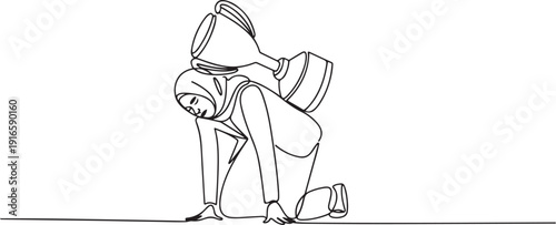 Continuous one line drawing Arabian businesswoman under heavy trophy burden. Office worker failed to win competition or business goals achievement. one line Icon drawing