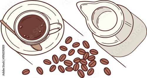 Morning Coffee Flat Lay Illustration with Black Coffee, Cream Swirl, Coffee Beans, and Spoon for Breakfast Isolated white background