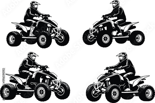 Black and white silhouette vector illustration of ATV riders wearing helmets and protective gear, showcasing rugged off‑road vehicles, dynamic posture, motorsport adventure scene