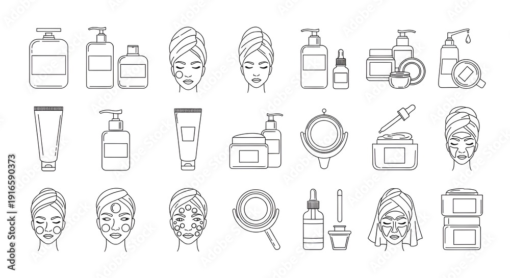 Fototapeta premium Skincare routine icons, beauty products, facial treatment, line art
