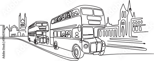 Continuous one line drawing double decker buses take tourists around the city to enjoy old city tour package. A promising transportation business. one line Icon drawing