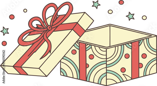 Open Gift Box Illustration with Festive Ribbon and Star Decorations, Isolated for Celebrations and Surprises Isolated white background
