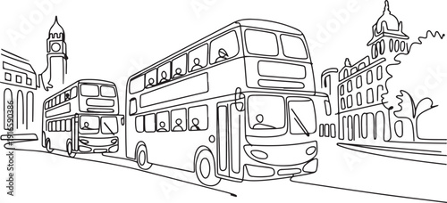 Continuous one line drawing double decker buses take tourists around the city to enjoy old city tour package. A promising transportation business. one line Icon drawing