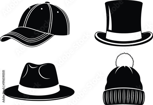 Black and white vector illustration set of various headwear including baseball cap top hat fedora and winter beanie for fashion and apparel concepts