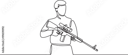 Single continuous line drawing of young male soldier pose standing and holding sniper weapon. Professional work job occupation. Minimalism concept. one line Icon drawing